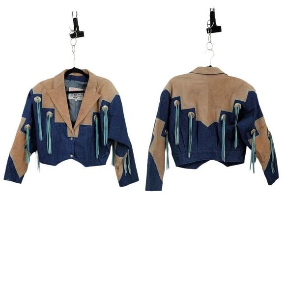 Vtg 80s Rare Denin Western Rodeo Jacket Sz S Cowgirl Chic Conchos Fringe Funky - Picture 14 of 14